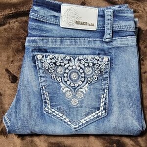 Grace In LA Women's Blue Embroidered Jeans